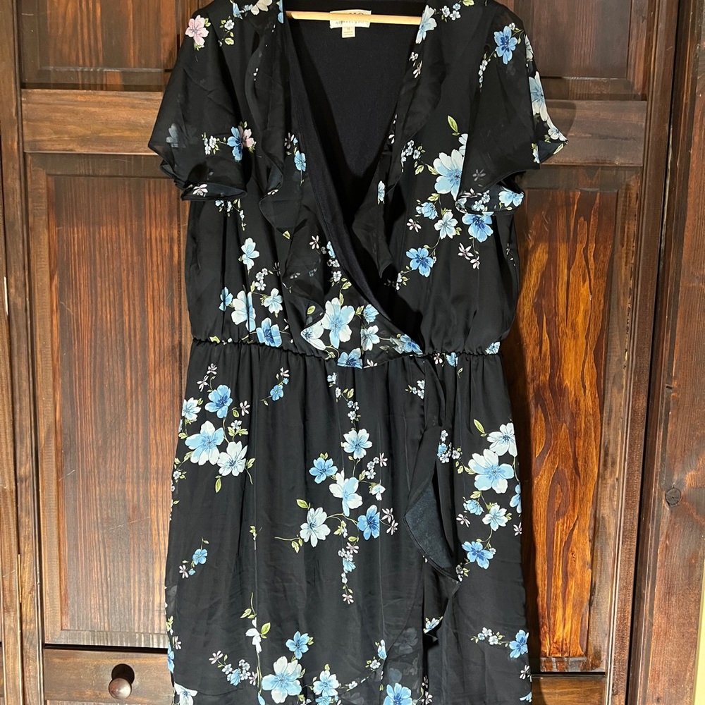 Soho Apparel Black Midi Dress with‎ Blue Floral Pattern